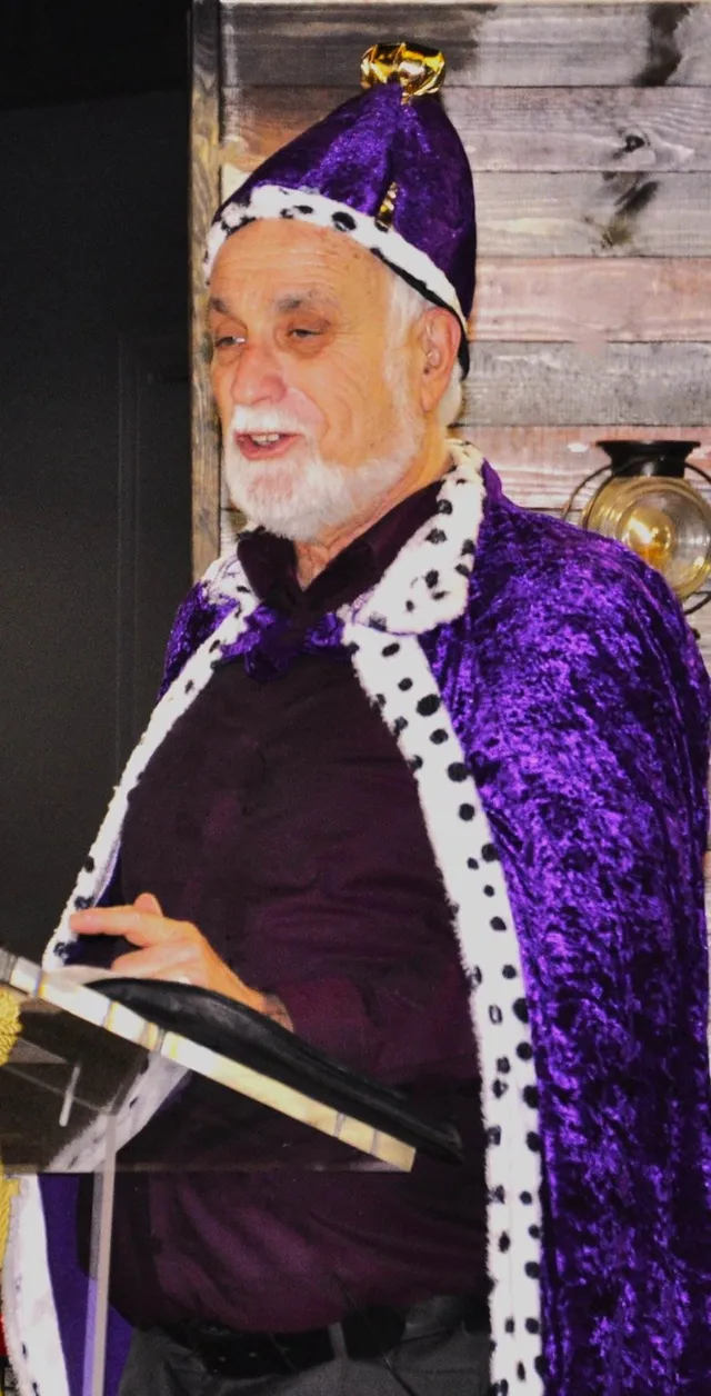 Pastor Jeff Kipp dressed as King Xerxes for the congregation’s Purim celebration.
